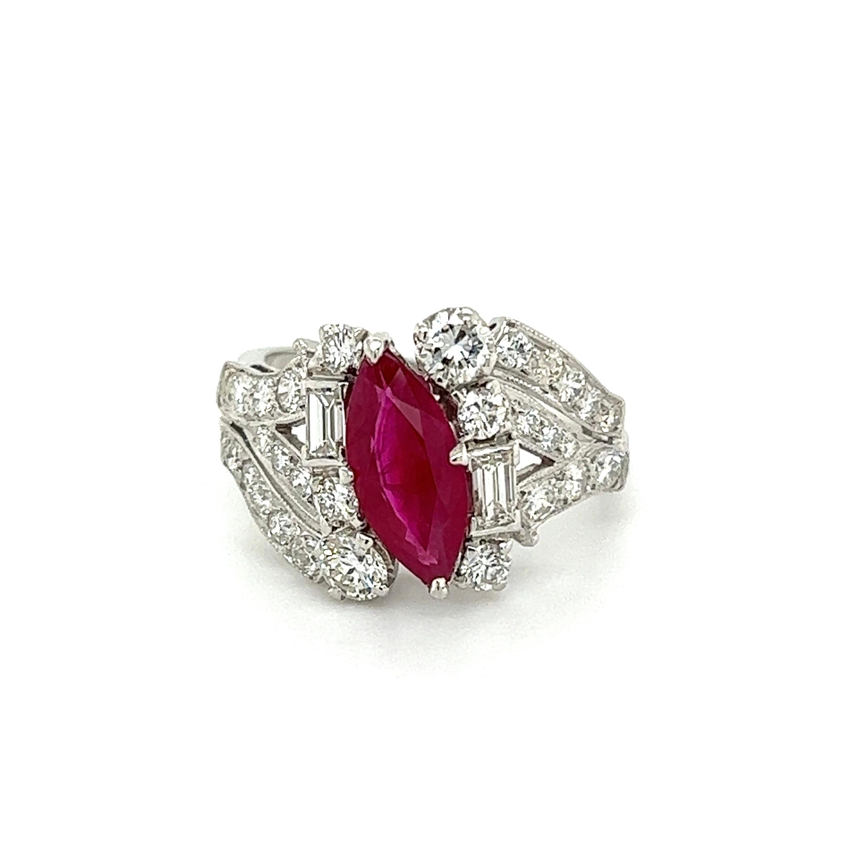 Mixed Cut Vintage 1.30 Carat Marquis Ruby and Diamond Platinum Cocktail Ring For Sale
