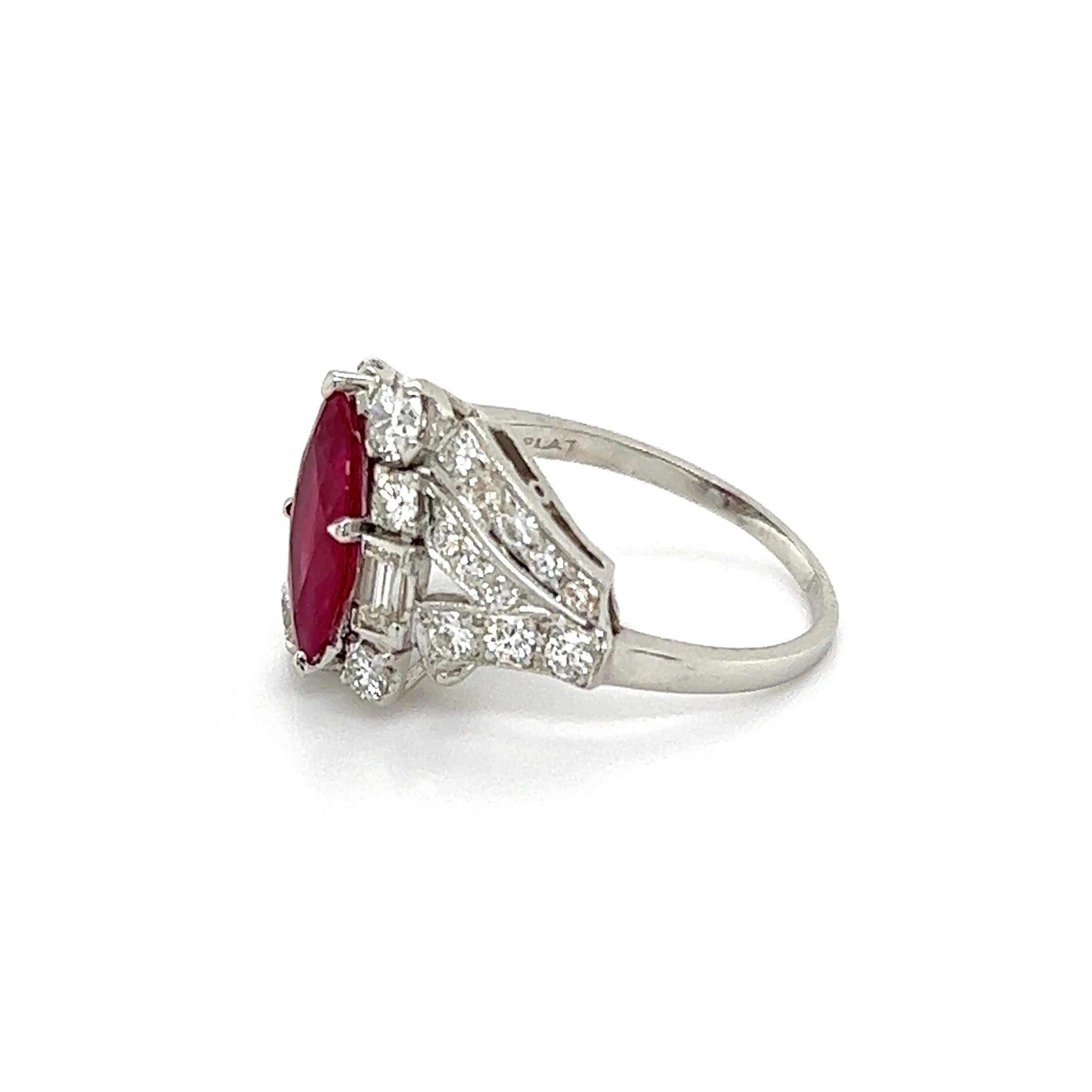Women's Vintage 1.30 Carat Marquis Ruby and Diamond Platinum Cocktail Ring For Sale