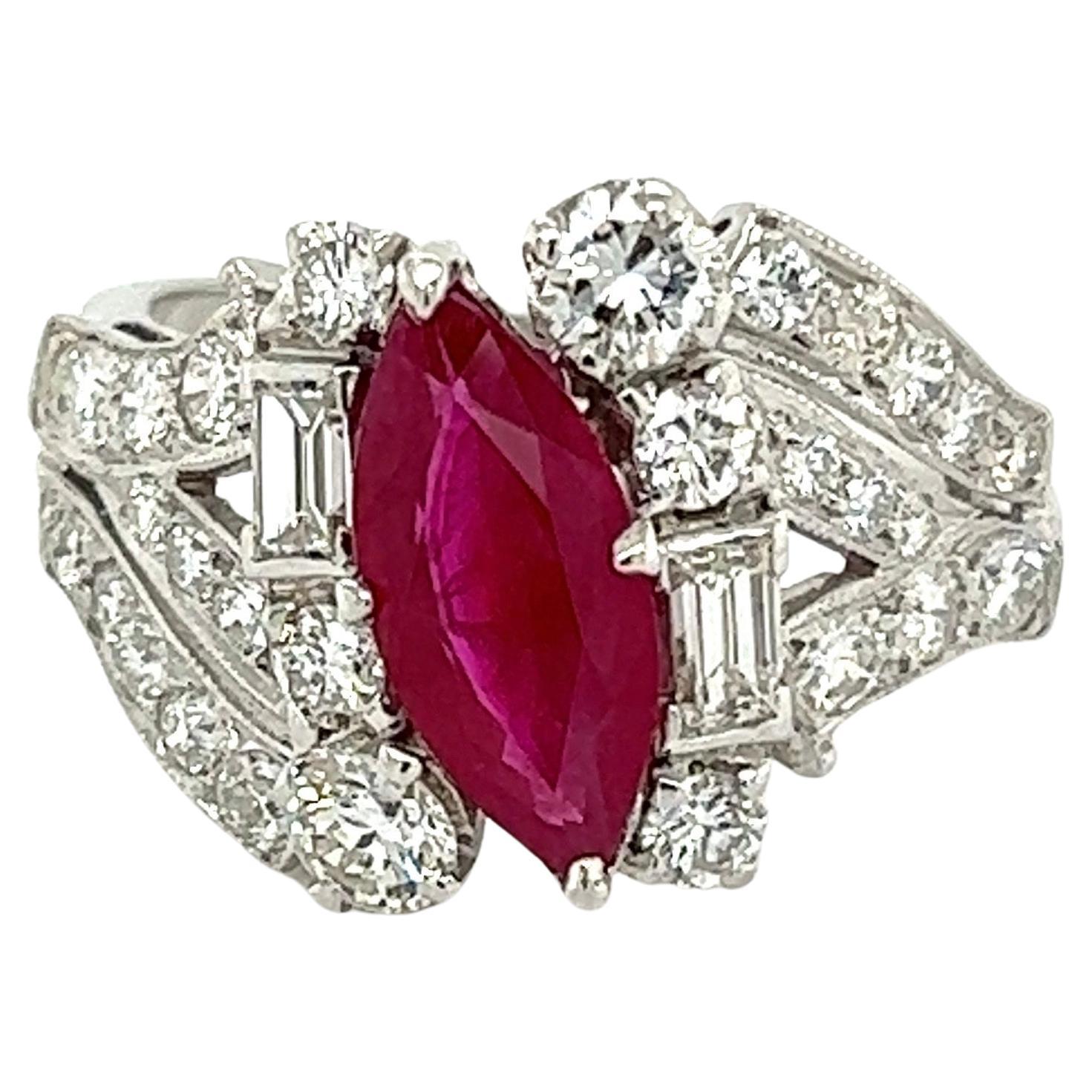 Vintage 1.30 Carat Marquis Ruby and Diamond Platinum Cocktail Ring For Sale
