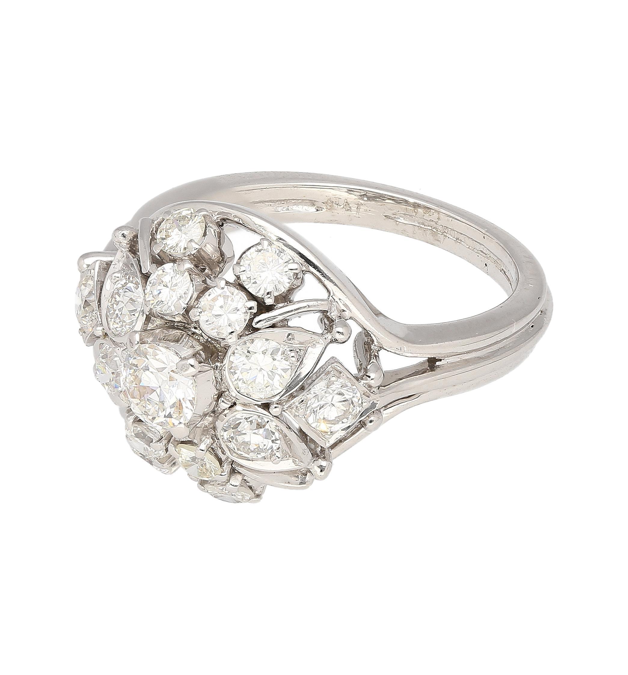 Modern Vintage 1.30 Carat Old Euro-Cut Diamond Flower Ring in 14k White Gold For Sale
