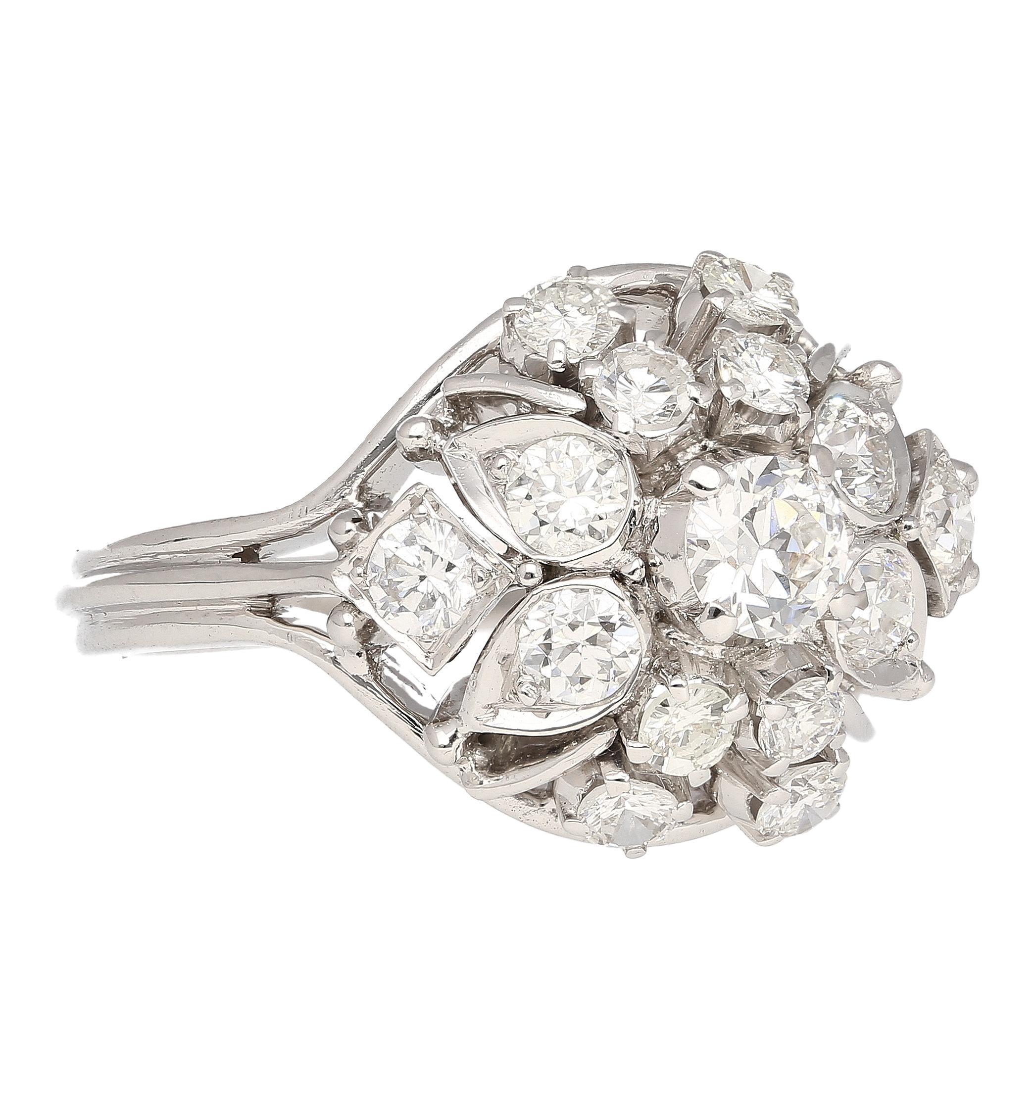 Old European Cut Vintage 1.30 Carat Old Euro-Cut Diamond Flower Ring in 14k White Gold For Sale