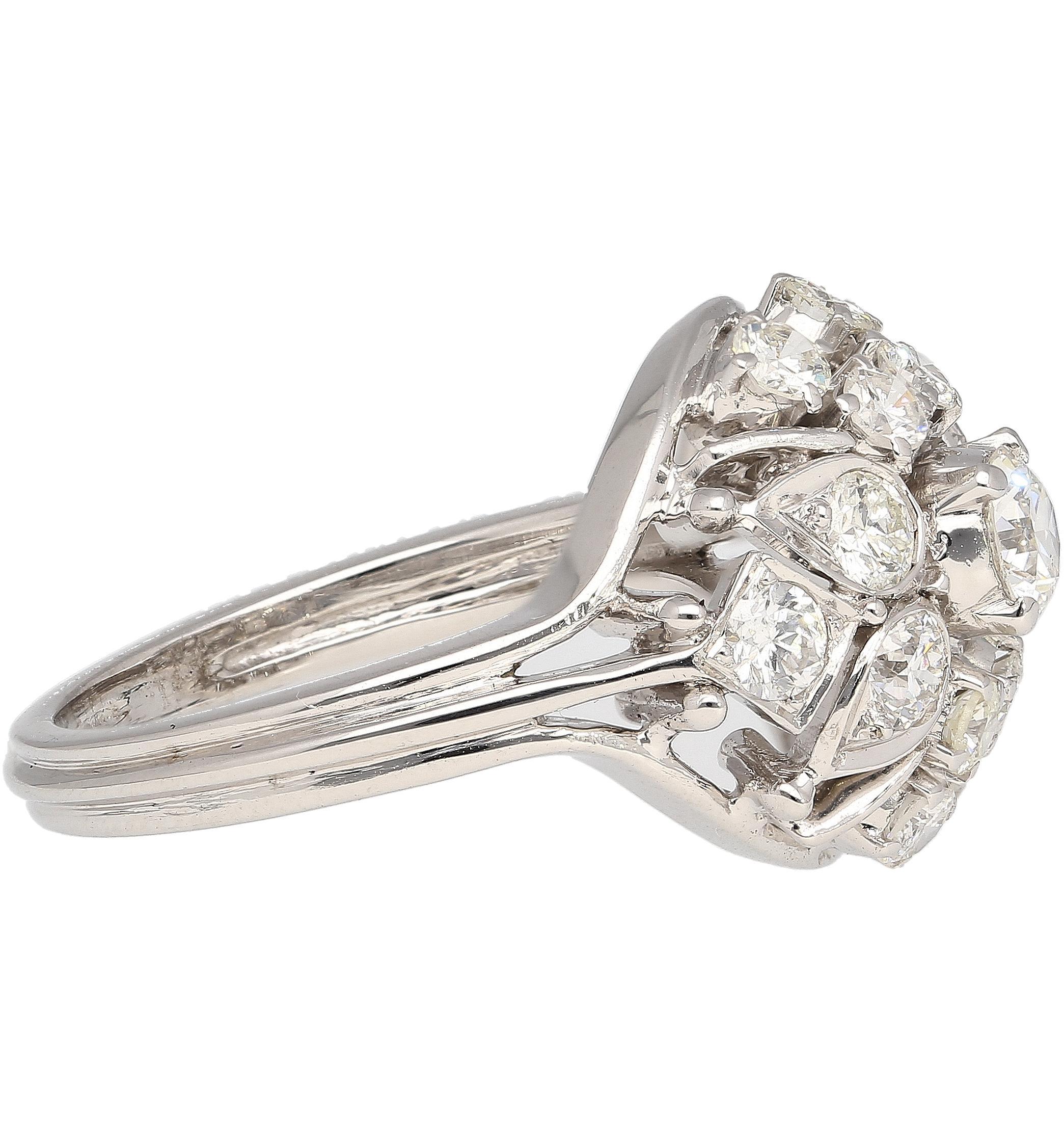Women's or Men's Vintage 1.30 Carat Old Euro-Cut Diamond Flower Ring in 14k White Gold For Sale