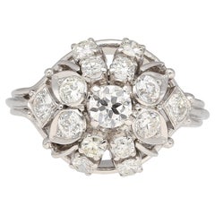 Bague fleur en or blanc 14 carats avec diamant taille européenne ancienne de 1,30 carat