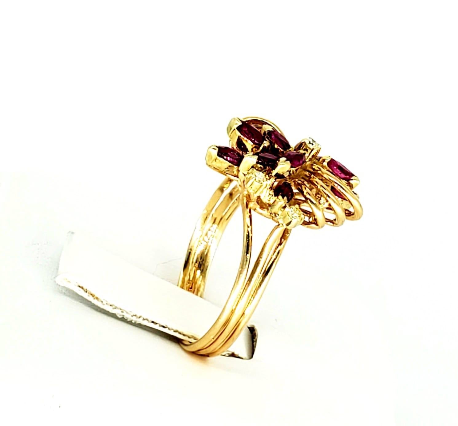 Marquise Cut Vintage 1.30 Carat Ruby and Diamonds Flower Cluster Ring For Sale