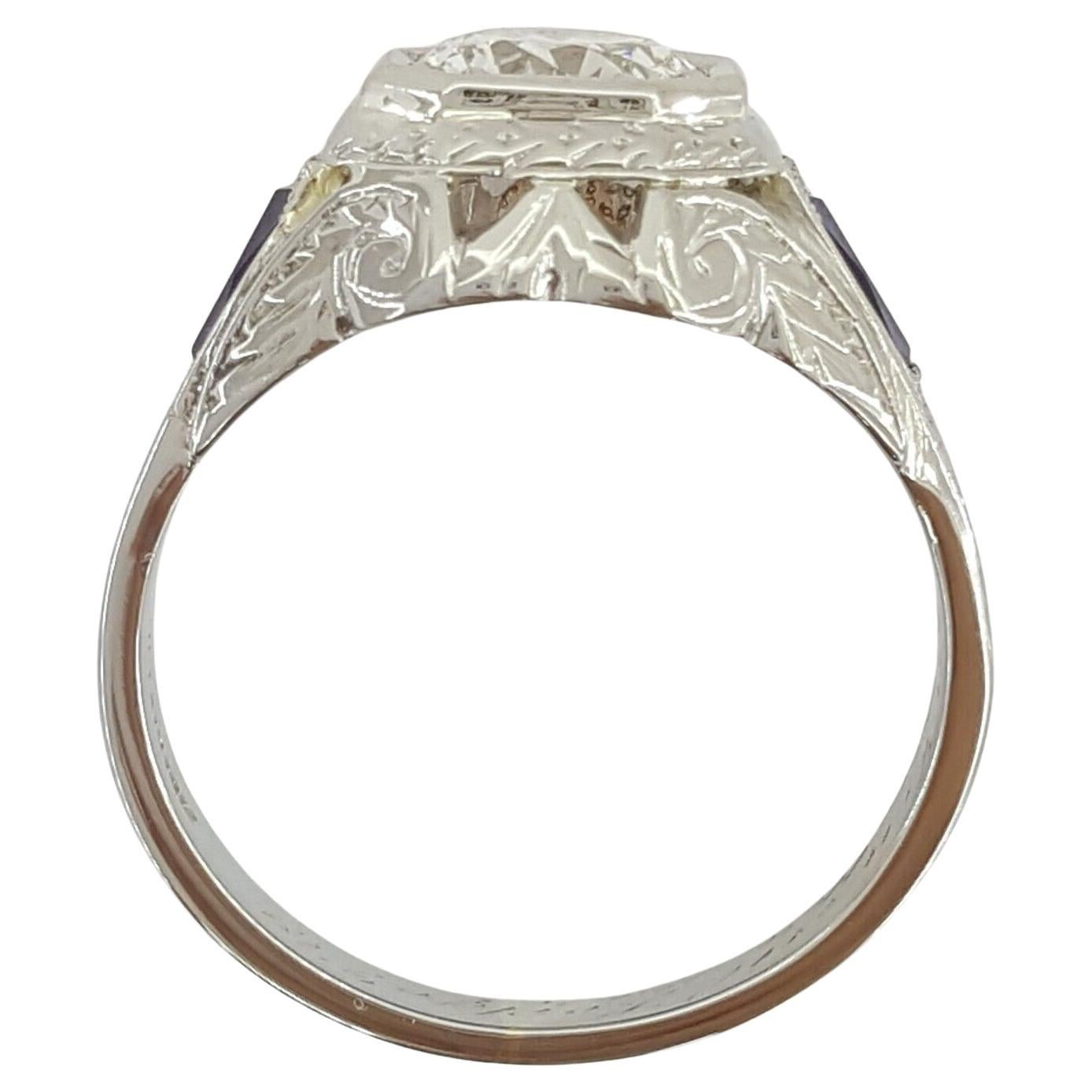Bague de fiançailles Vintage en or blanc 18K Transitional Round Brilliant Cut Diamond and Sapphire