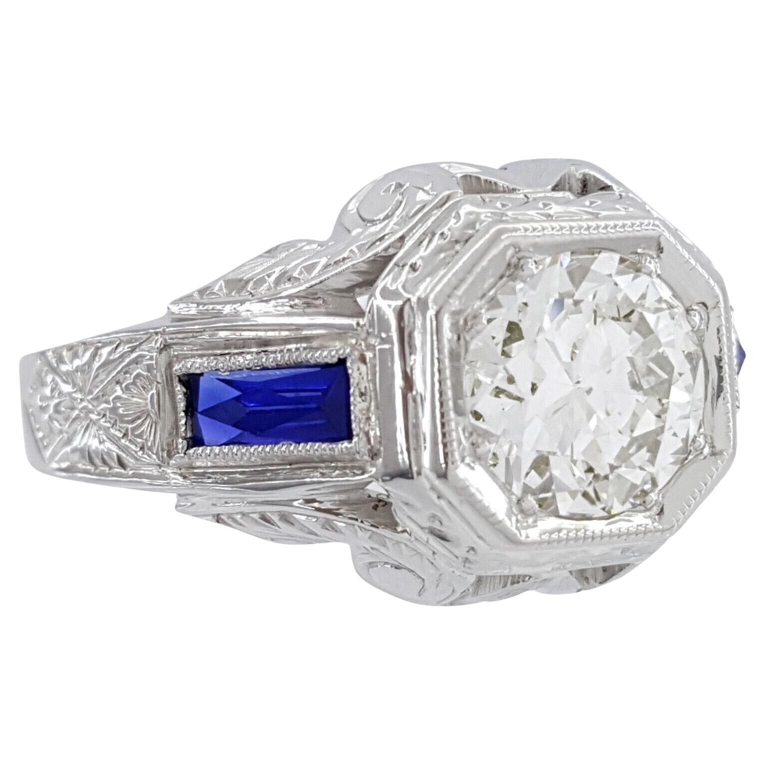 Old European Cut Vintage 1.30 Carat Transitional Round Diamond and Sapphire Art Deco Ring For Sale