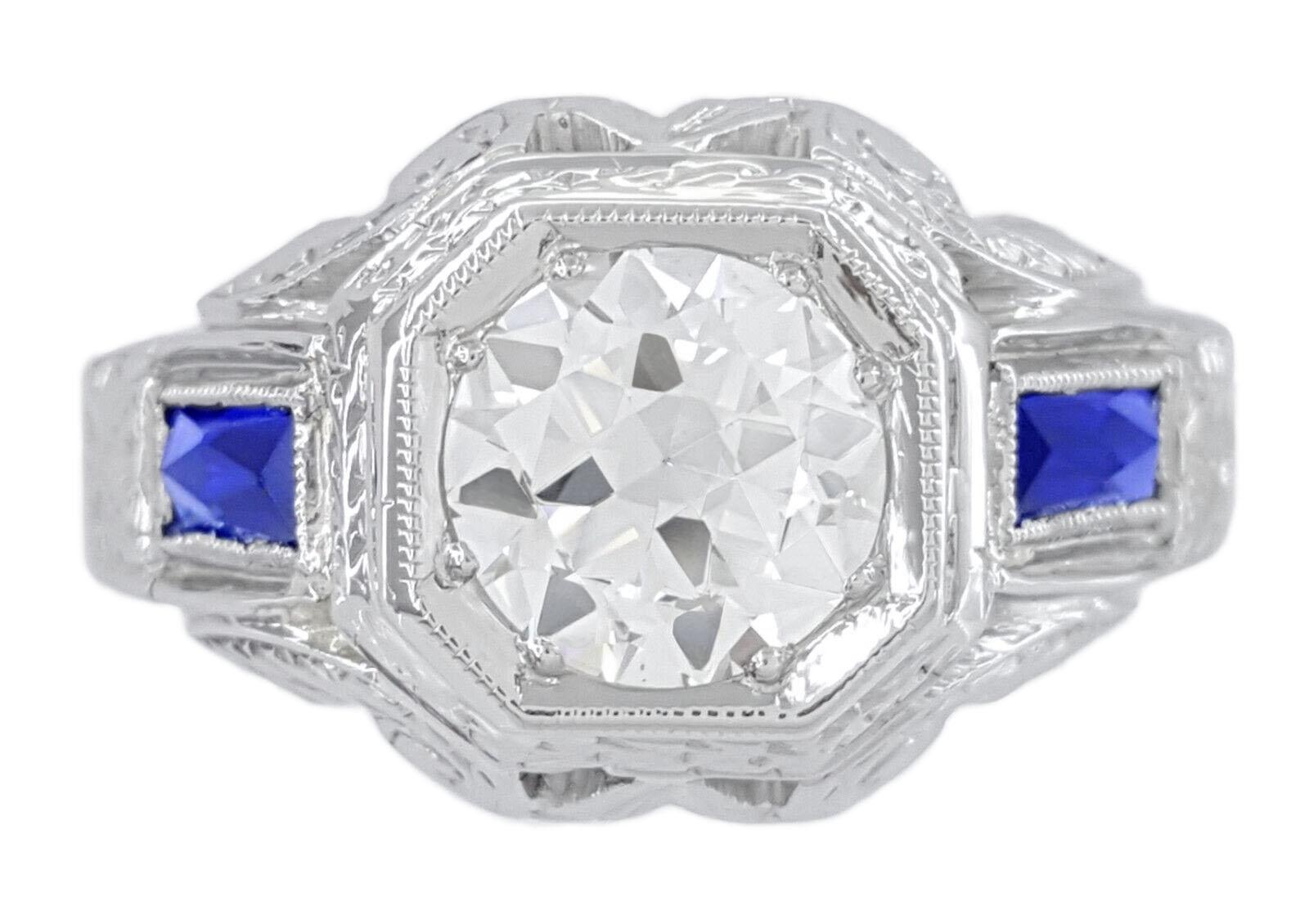 Women's or Men's Vintage 1.30 Carat Transitional Round Diamond and Sapphire Art Deco Ring For Sale