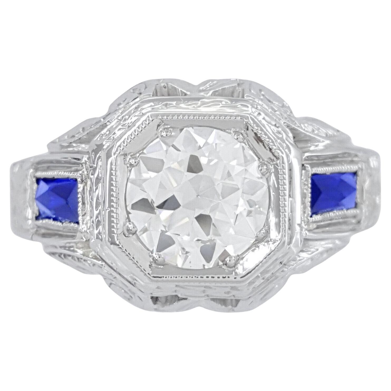 Vintage 1.30 Carat Transitional Round Diamond and Sapphire Art Deco Ring