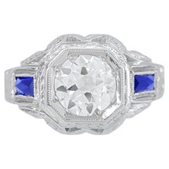 Vintage 1.30 Carat Transitional Round Diamond and Sapphire Art Deco Ring