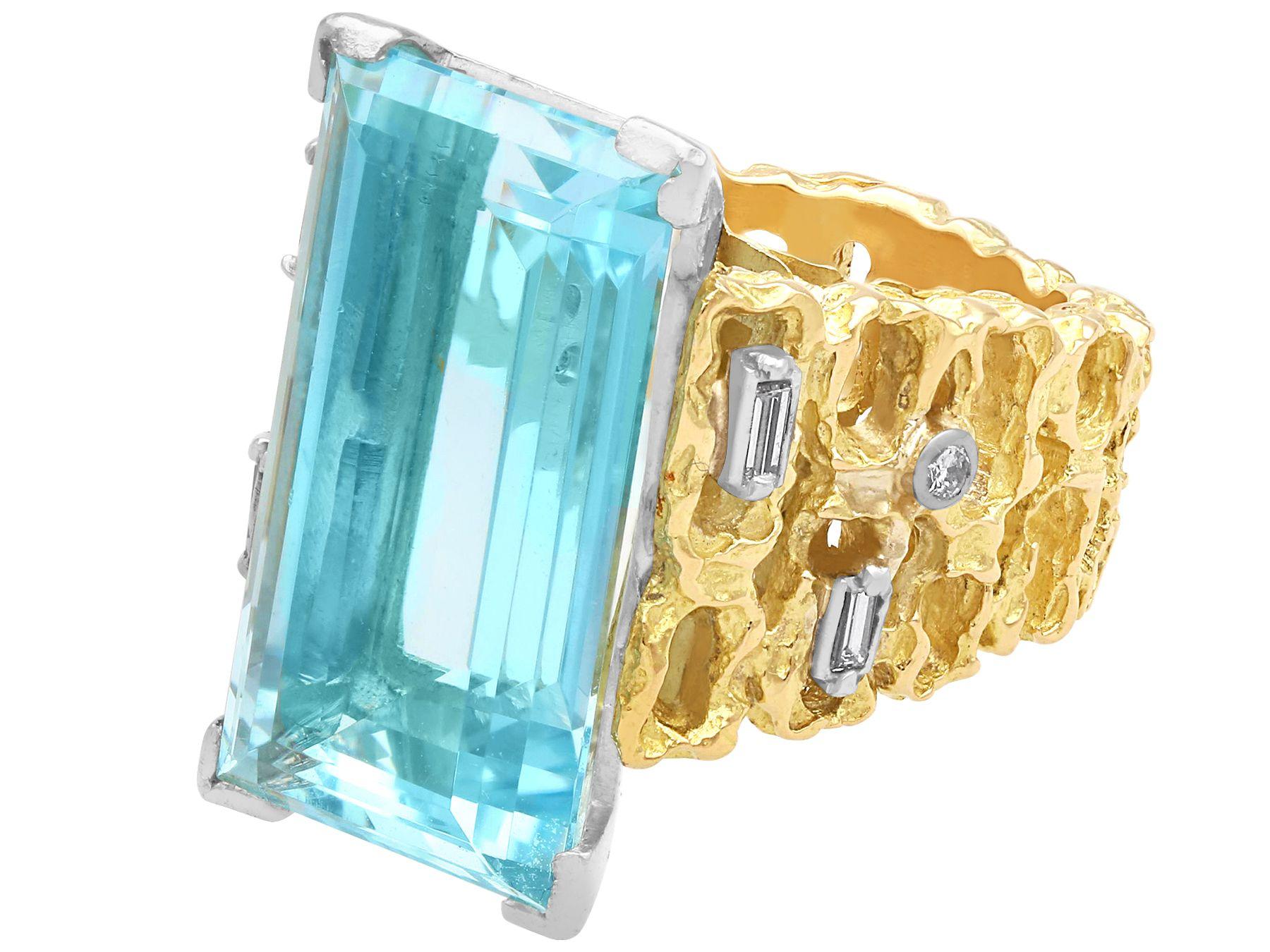 Baguette Cut Vintage 13.04ct Aquamarine and Diamond Yellow Gold Cocktail Ring For Sale