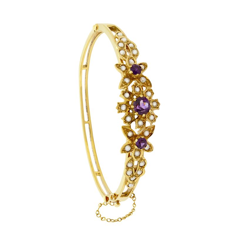Old European Cut Vintage 1.30ct Amethyst and Pearl bangle, hallmarked 1975 For Sale