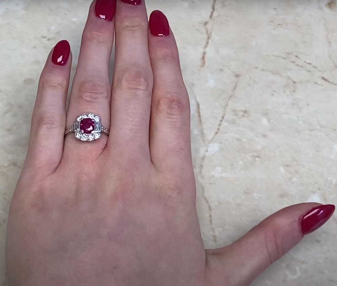 Vintage 1.30ct Cushion Cut Natural Ruby Engagement Ring, Diamond Halo, Platinum For Sale 5