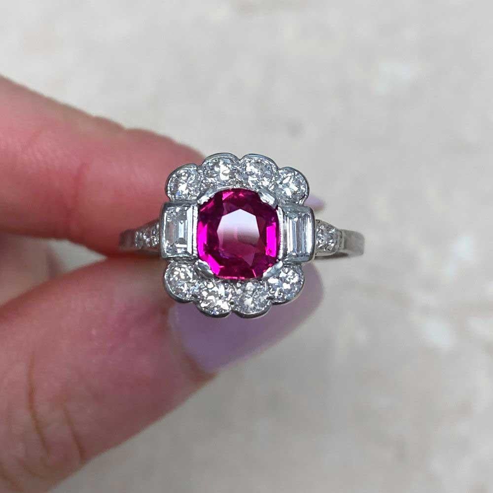 Vintage 1.30ct Cushion Cut Natural Ruby Engagement Ring, Diamond Halo, Platinum For Sale 6