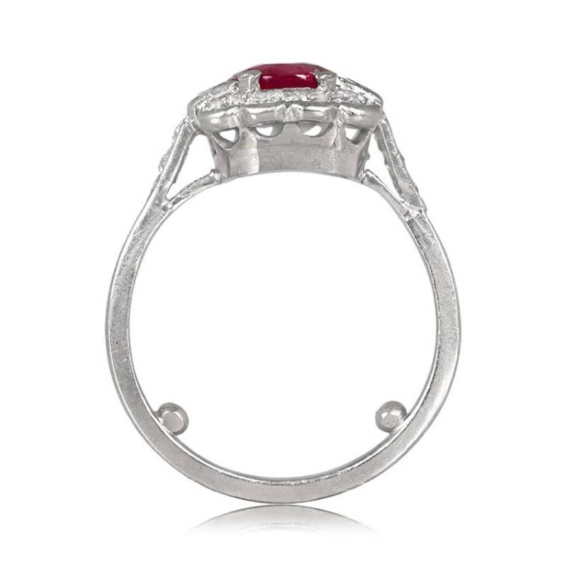 Edwardian Vintage 1.30ct Cushion Cut Natural Ruby Engagement Ring, Diamond Halo, Platinum For Sale