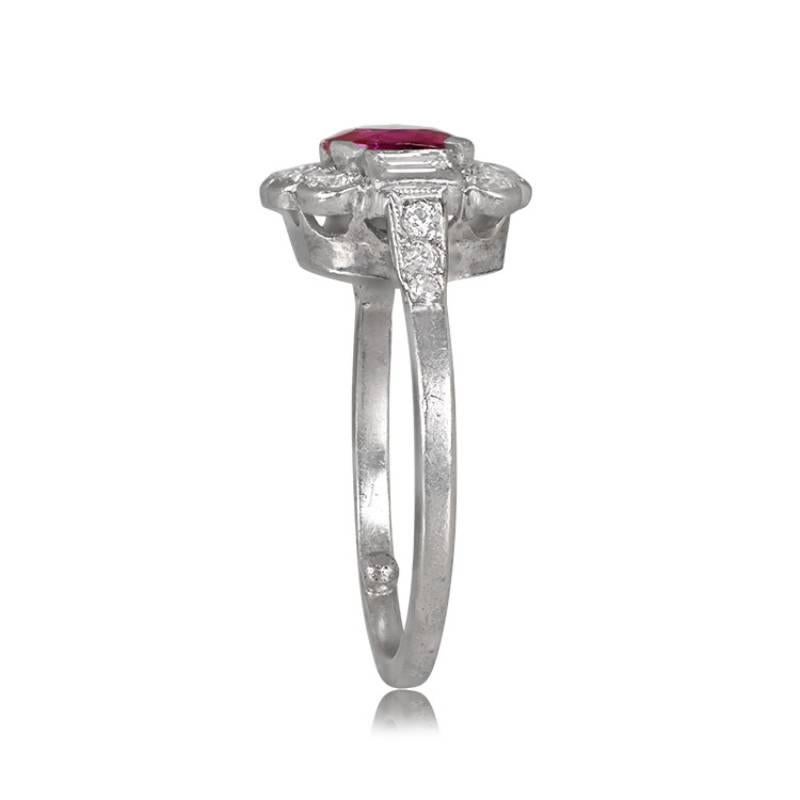 Vintage 1.30ct Cushion Cut Natural Ruby Engagement Ring, Diamond Halo, Platinum In Excellent Condition For Sale In New York, NY