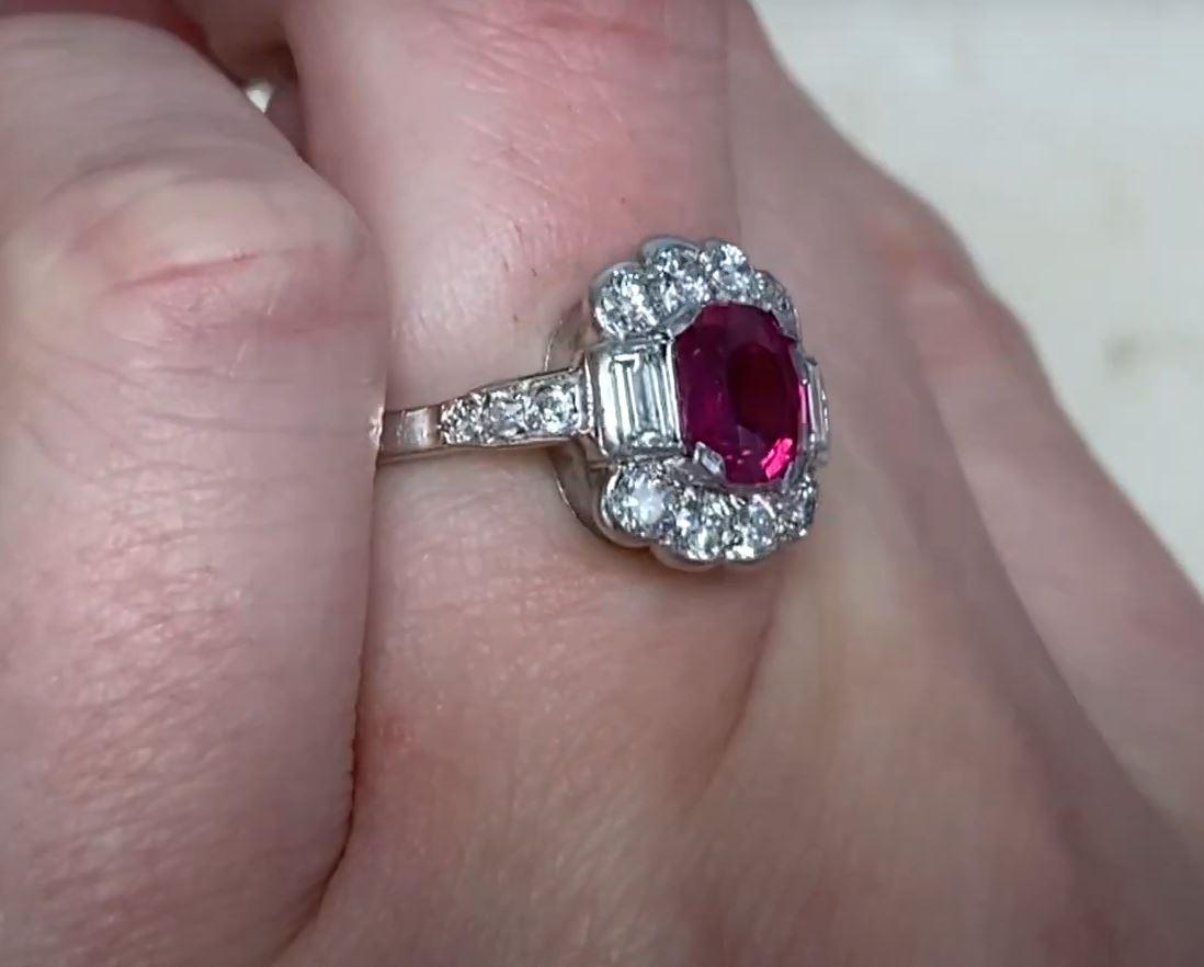 Vintage 1.30ct Cushion Cut Natural Ruby Engagement Ring, Diamond Halo, Platinum For Sale 1