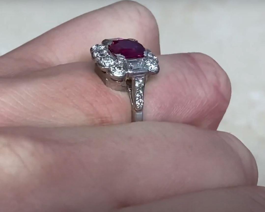 Vintage 1.30ct Cushion Cut Natural Ruby Engagement Ring, Diamond Halo, Platinum For Sale 2