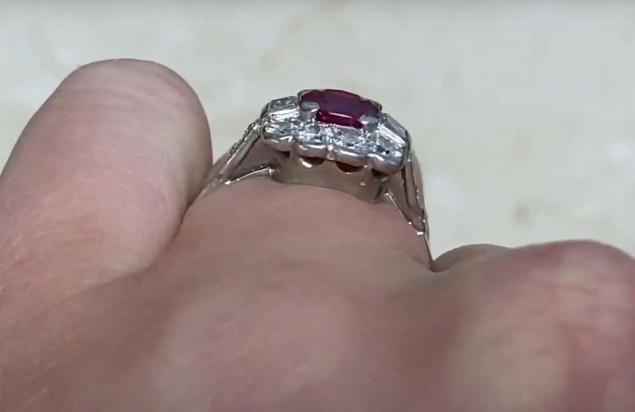 Vintage 1.30ct Cushion Cut Natural Ruby Engagement Ring, Diamond Halo, Platinum For Sale 3