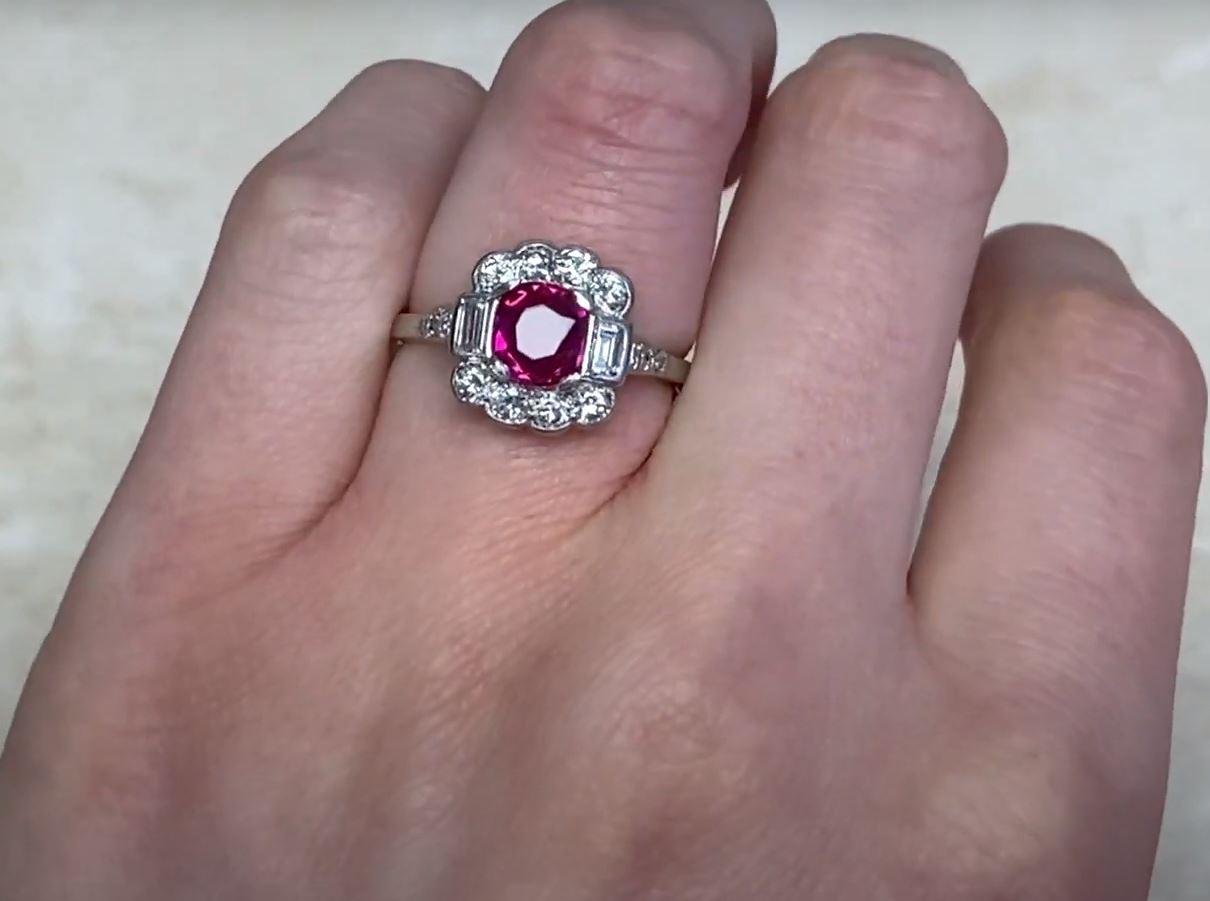 Vintage 1.30ct Cushion Cut Natural Ruby Engagement Ring, Diamond Halo, Platinum For Sale 4