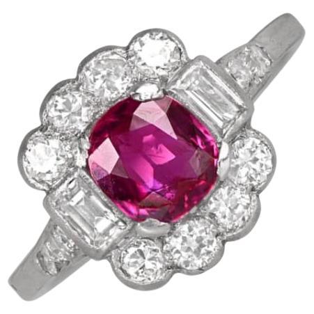 Vintage 1.30ct Cushion Cut Natural Ruby Engagement Ring, Diamond Halo, Platinum For Sale