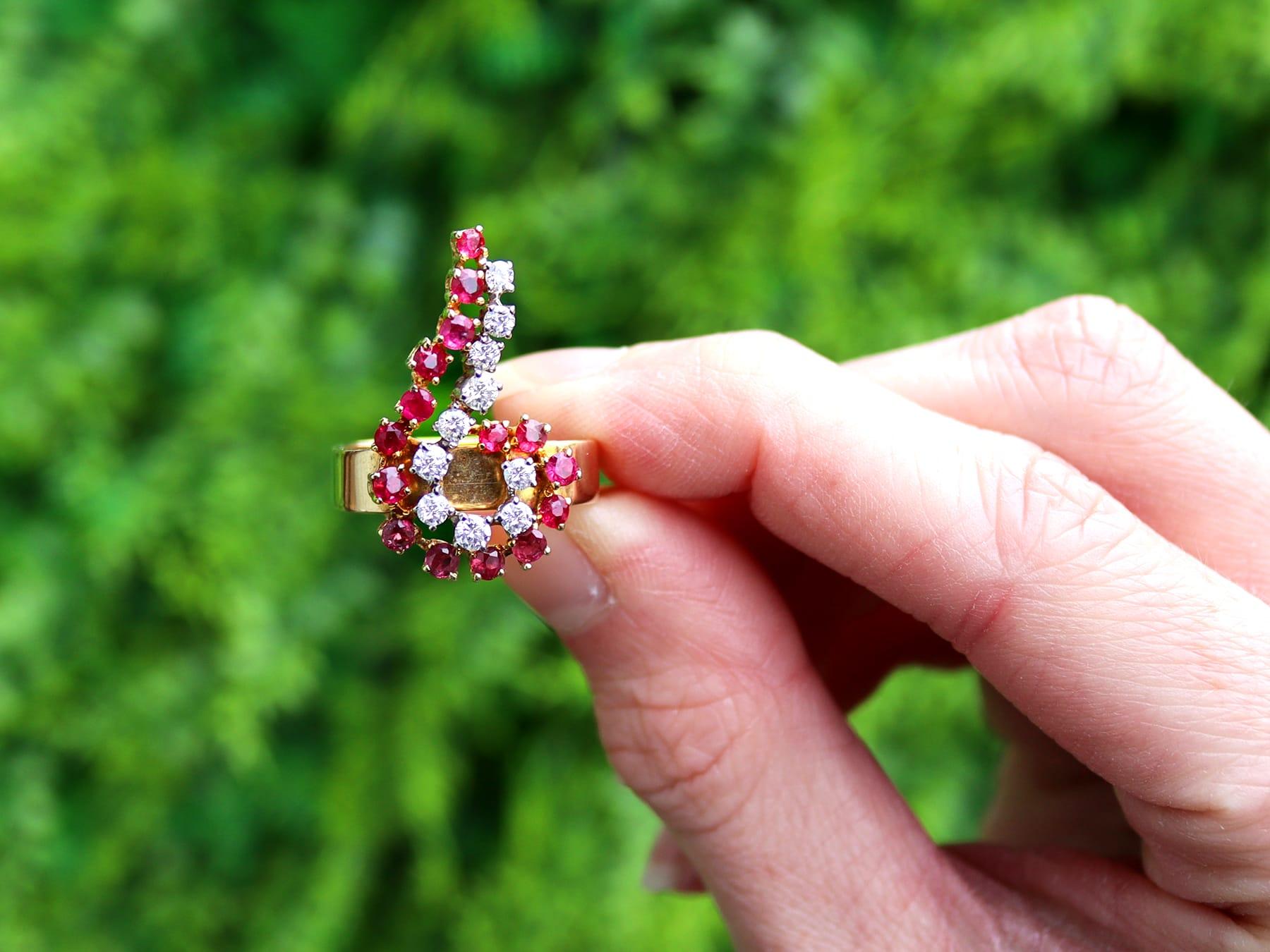 A fine and impressive vintage 1.30 carat ruby and 0.39 carat diamond, 18 karat yellow gold, 18 karat white gold set dress ring; part of our vintage ruby jewellery collections.

This fine vintage ring has been crafted in 18k yellow gold with an 18k