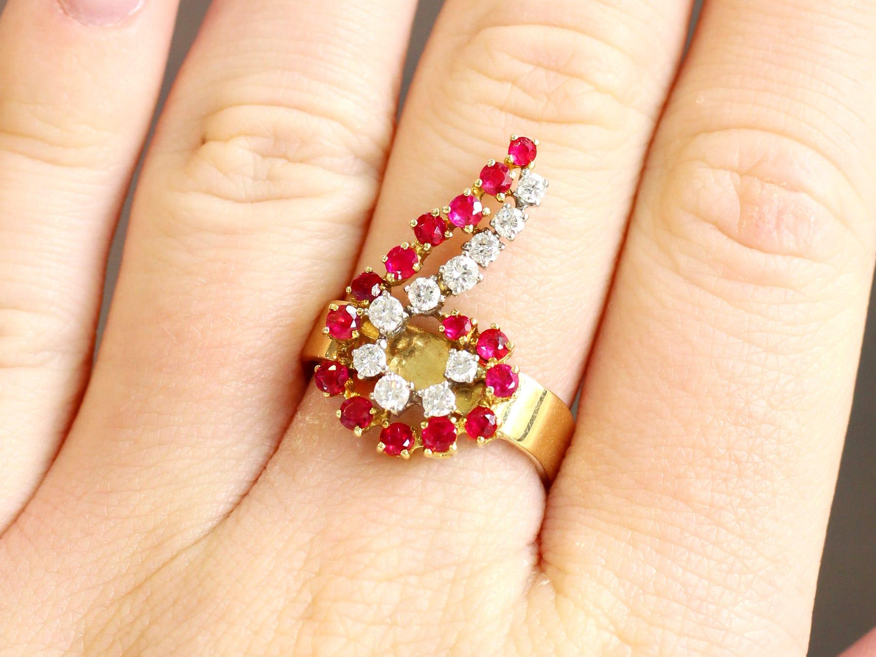 Round Cut Vintage 1.30Ct Ruby and 0.39Ct Diamond 18k Yellow Gold Dress Ring 1979 For Sale