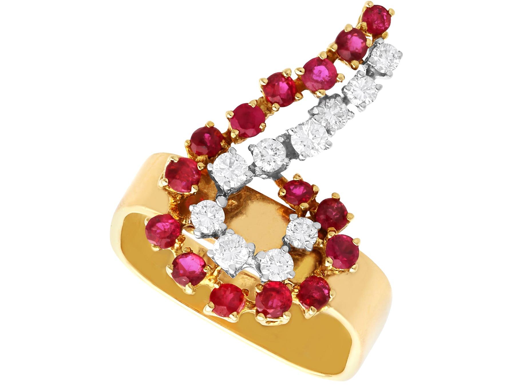 Vintage 1.30Ct Ruby and 0.39Ct Diamond 18k Yellow Gold Dress Ring 1979 For Sale