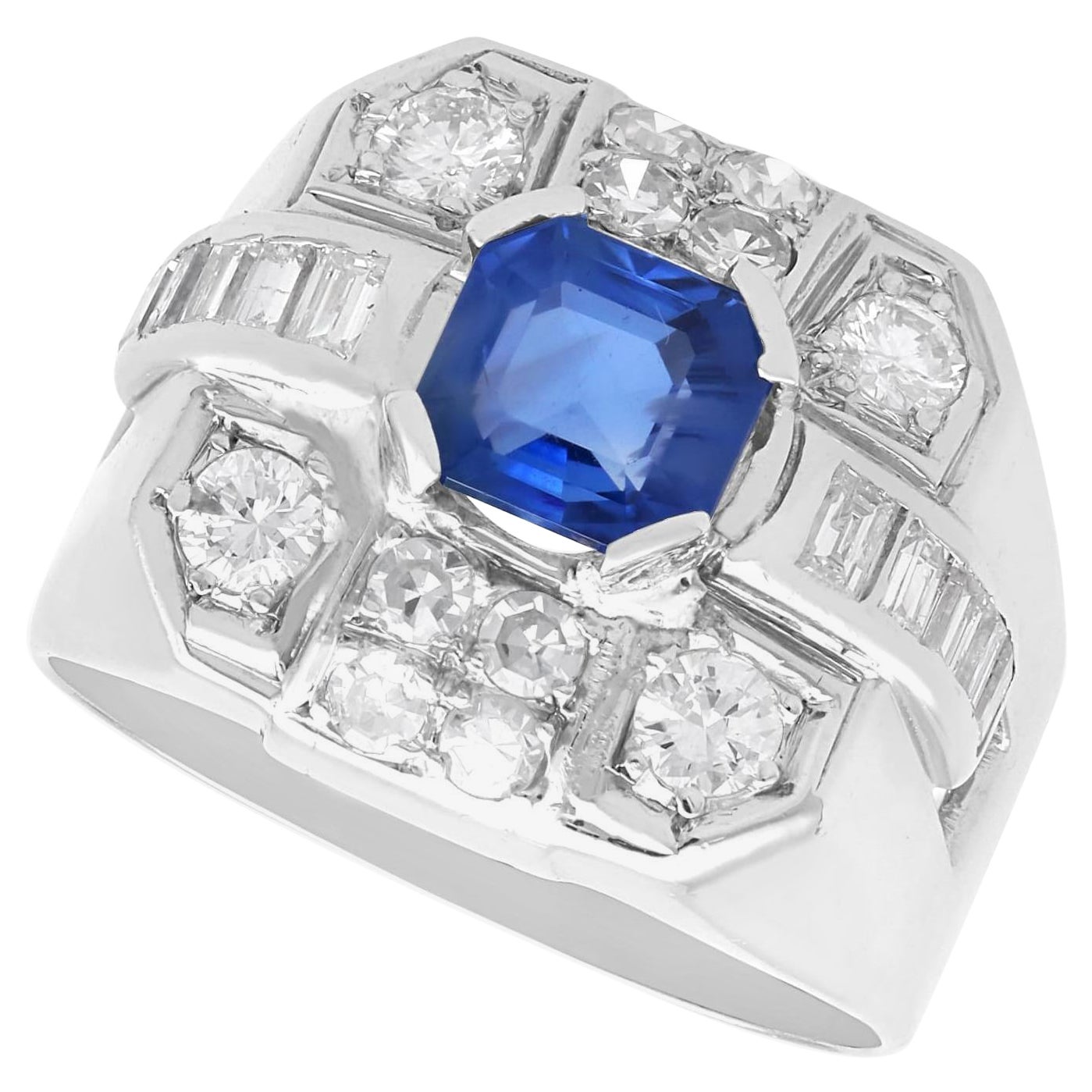 Anello d'epoca con zaffiro da 1,30 carati e diamante da 0,90 carati, in platino, Circa 1950