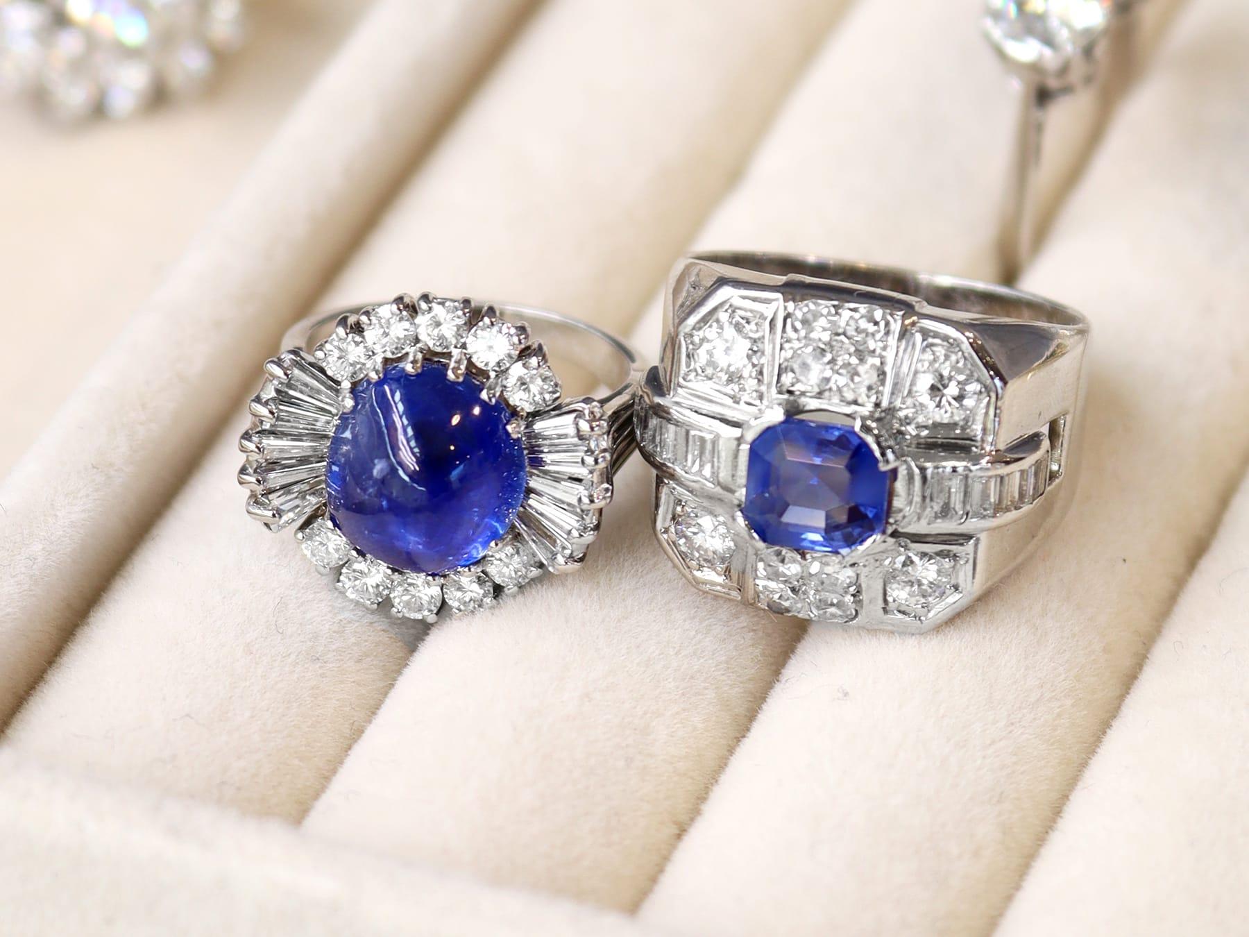 Taille carrée Vintage 1.30Ct Sapphire and 0.90Ct Diamond, Platinum Dress Ring Circa 1950 en vente