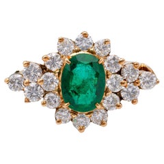 Retro 1.31 Carat Emerald and Diamond 18k Yellow Gold Cluster Ring
