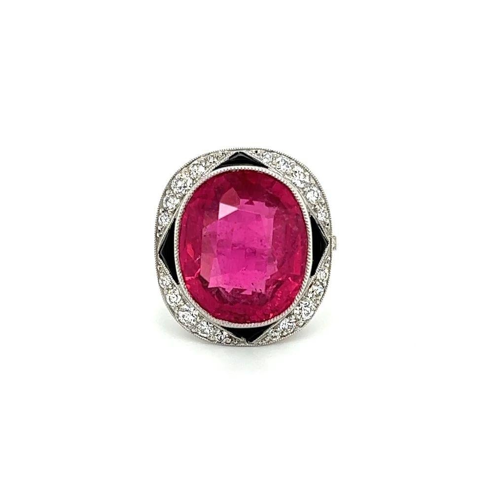 Mixed Cut Vintage 13.18 Carat Rubellite Tourmaline Onyx and Diamond Platinum Ring For Sale