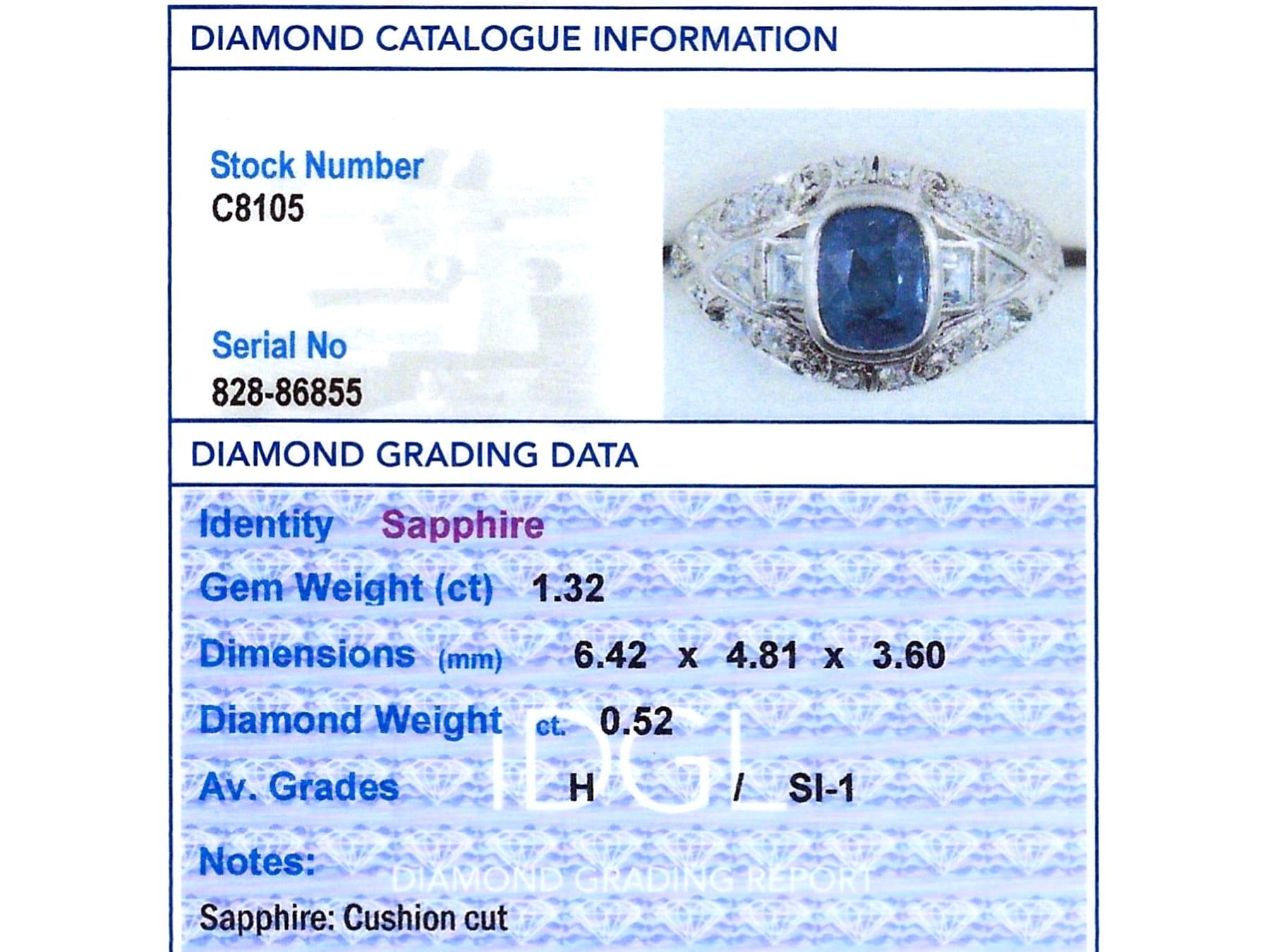 Vintage 1.32 Carat Sapphire and 0.52 Carat Diamond Platinum Dress Ring For Sale 1