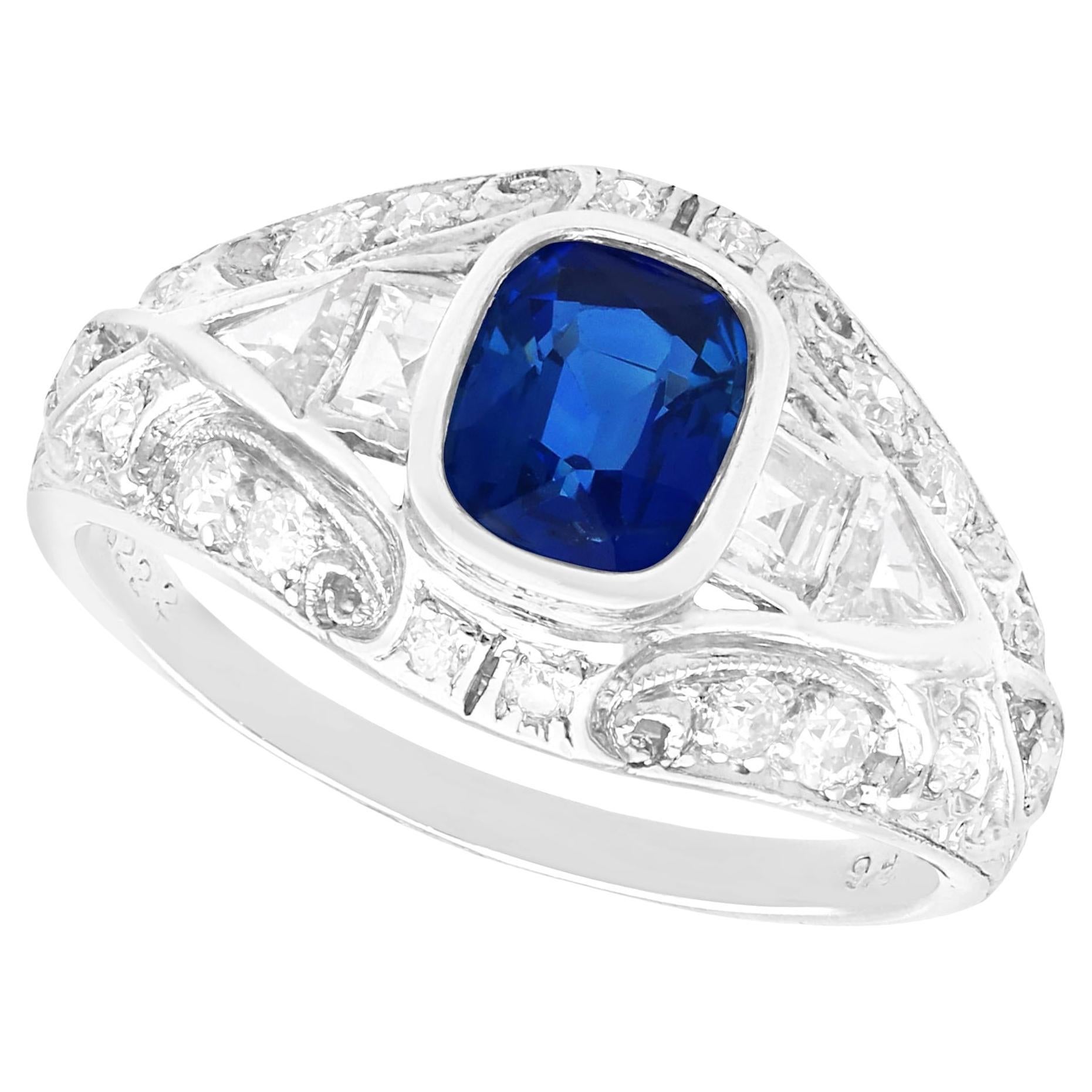 Vintage 1.32 Carat Sapphire and 0.52 Carat Diamond Platinum Dress Ring For Sale
