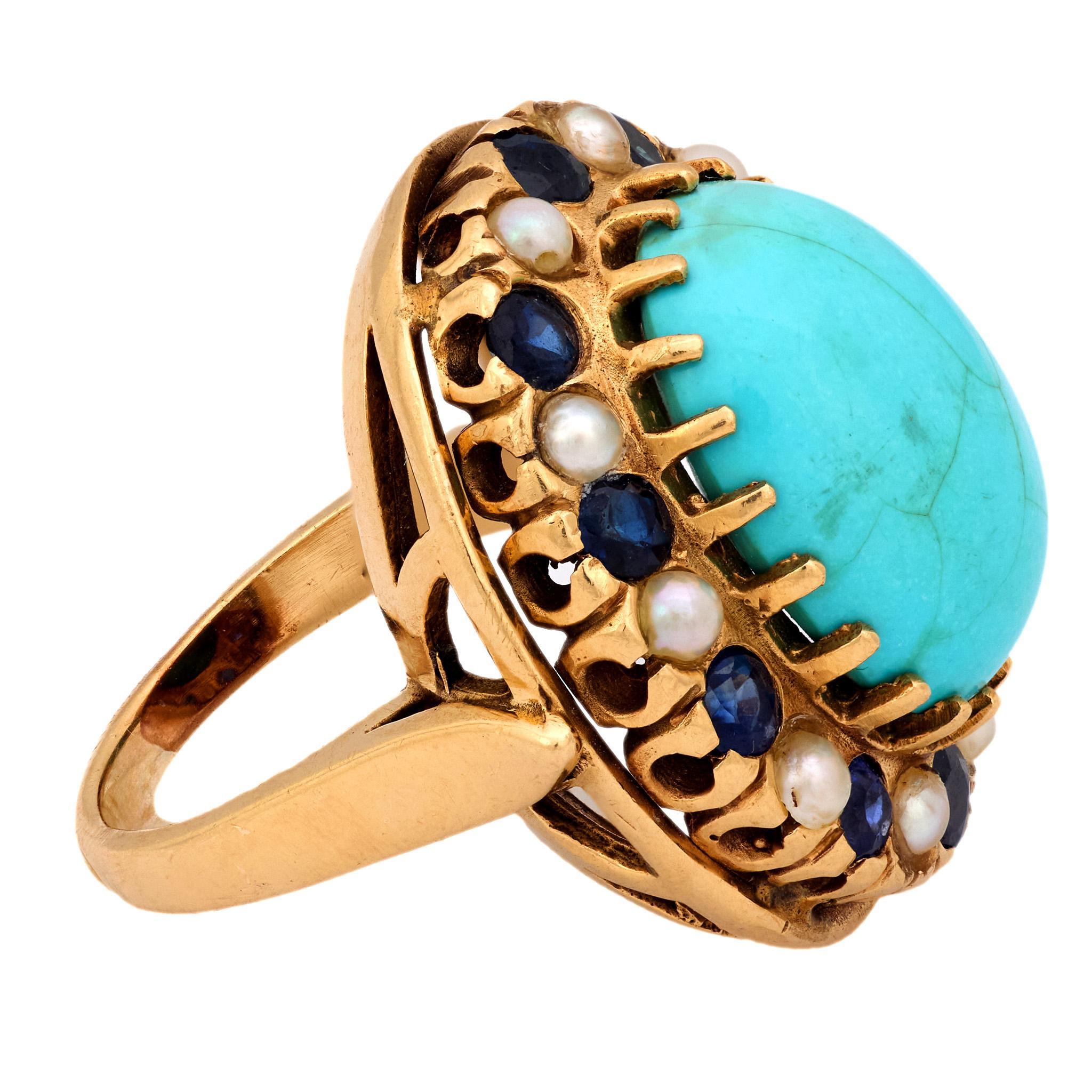 Moderne Vintage 13.20 carat turquoise saphir perle or jaune 14k bague cocktail en vente