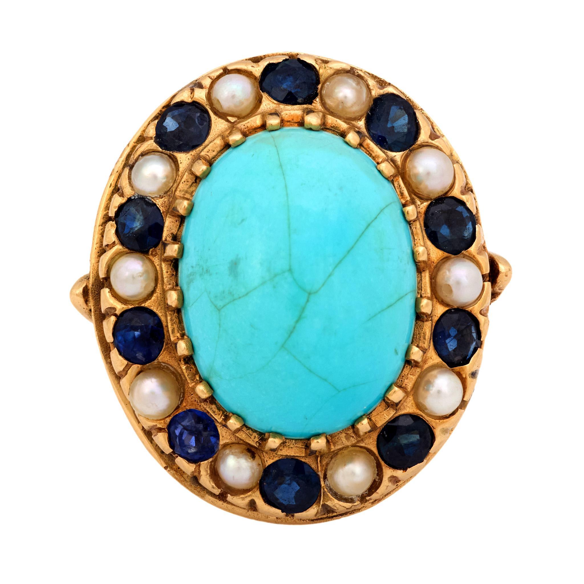 Vintage 13.20 carat turquoise saphir perle or jaune 14k bague cocktail Bon état - En vente à Beverly Hills, CA