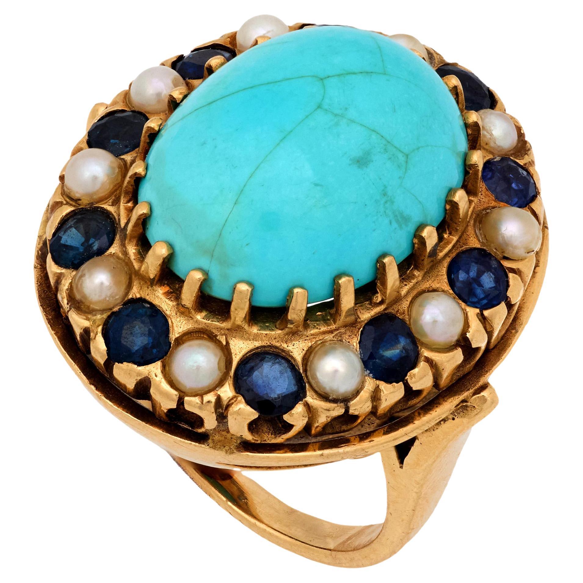 Vintage 13.20 carat turquoise saphir perle or jaune 14k bague cocktail