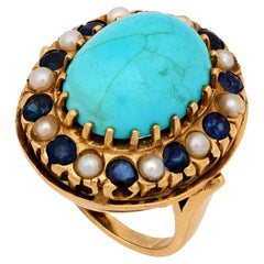Vintage 13.20 carat turquoise saphir perle or jaune 14k bague cocktail