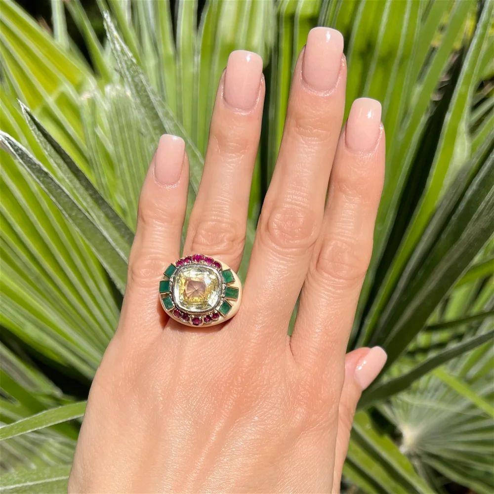 Modernist Vintage 13.25 Carat NO HEAT Yellow Sapphire GIA, Emerald and Ruby Bone Gold Ring For Sale