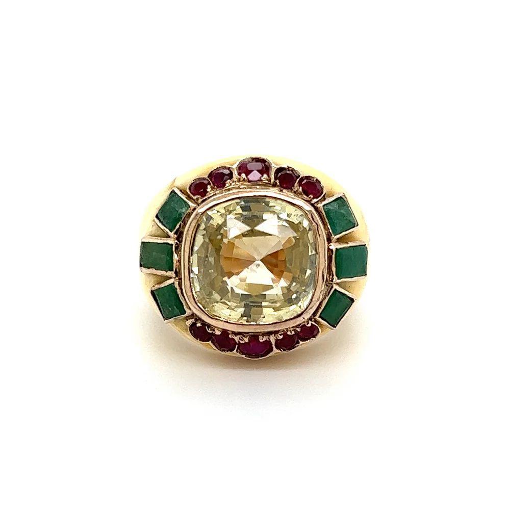 Mixed Cut Vintage 13.25 Carat NO HEAT Yellow Sapphire GIA, Emerald and Ruby Bone Gold Ring For Sale