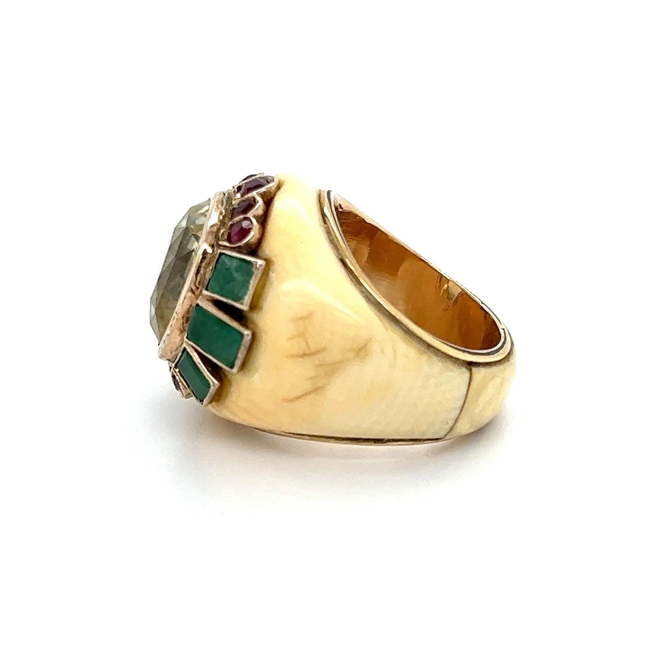 Women's Vintage 13.25 Carat NO HEAT Yellow Sapphire GIA, Emerald and Ruby Bone Gold Ring For Sale