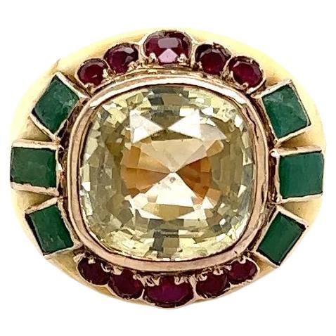 Vintage 13.25 Carat NO HEAT Yellow Sapphire GIA, Emerald and Ruby Bone Gold Ring For Sale