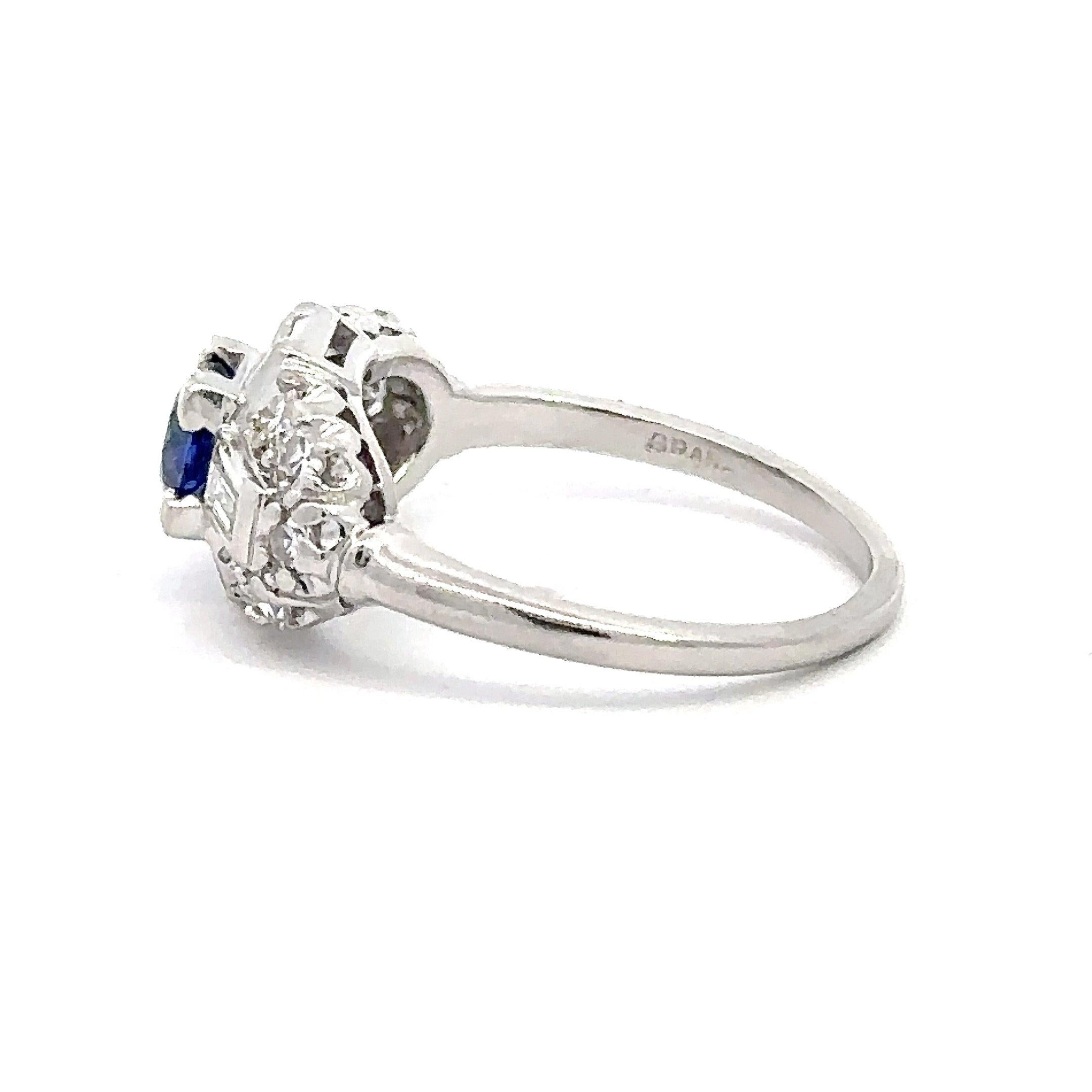 Anello vintage in platino Art Deco con diamante e zaffiro da 1,32 carati in vendita 4