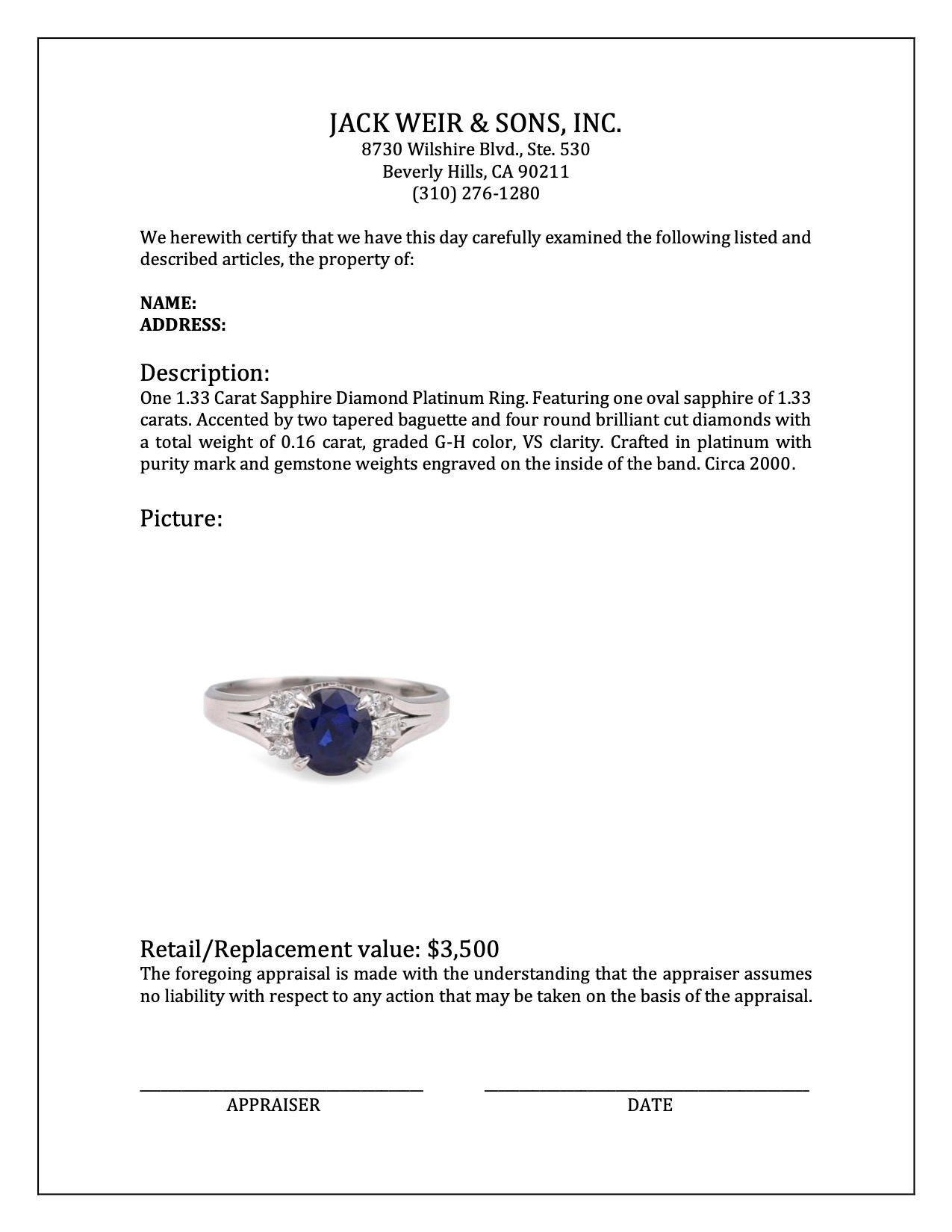 Women's or Men's Vintage 1.33 Carat Sapphire Diamond Platinum Ring For Sale