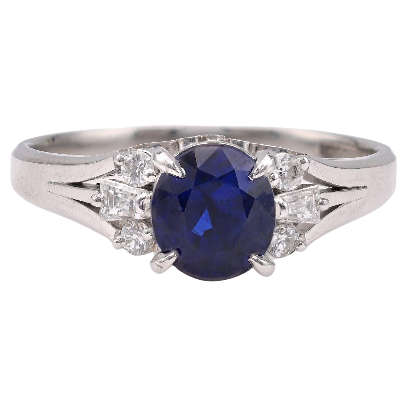 Vintage 1.33 Carat Sapphire Diamond Platinum Ring For Sale