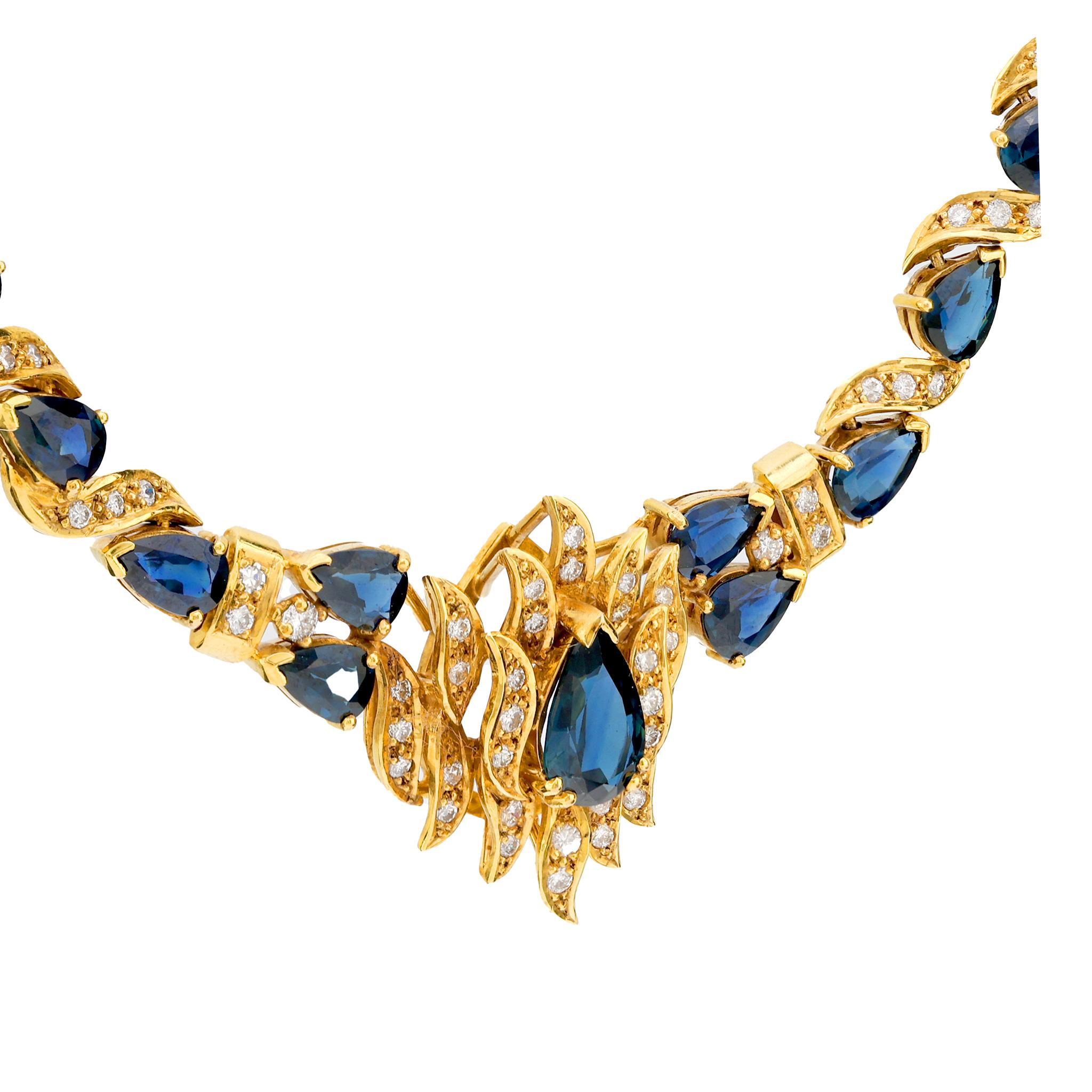 Modern Vintage 13.30 total weight sapphire diamond 10k yellow gold cocktail necklace For Sale