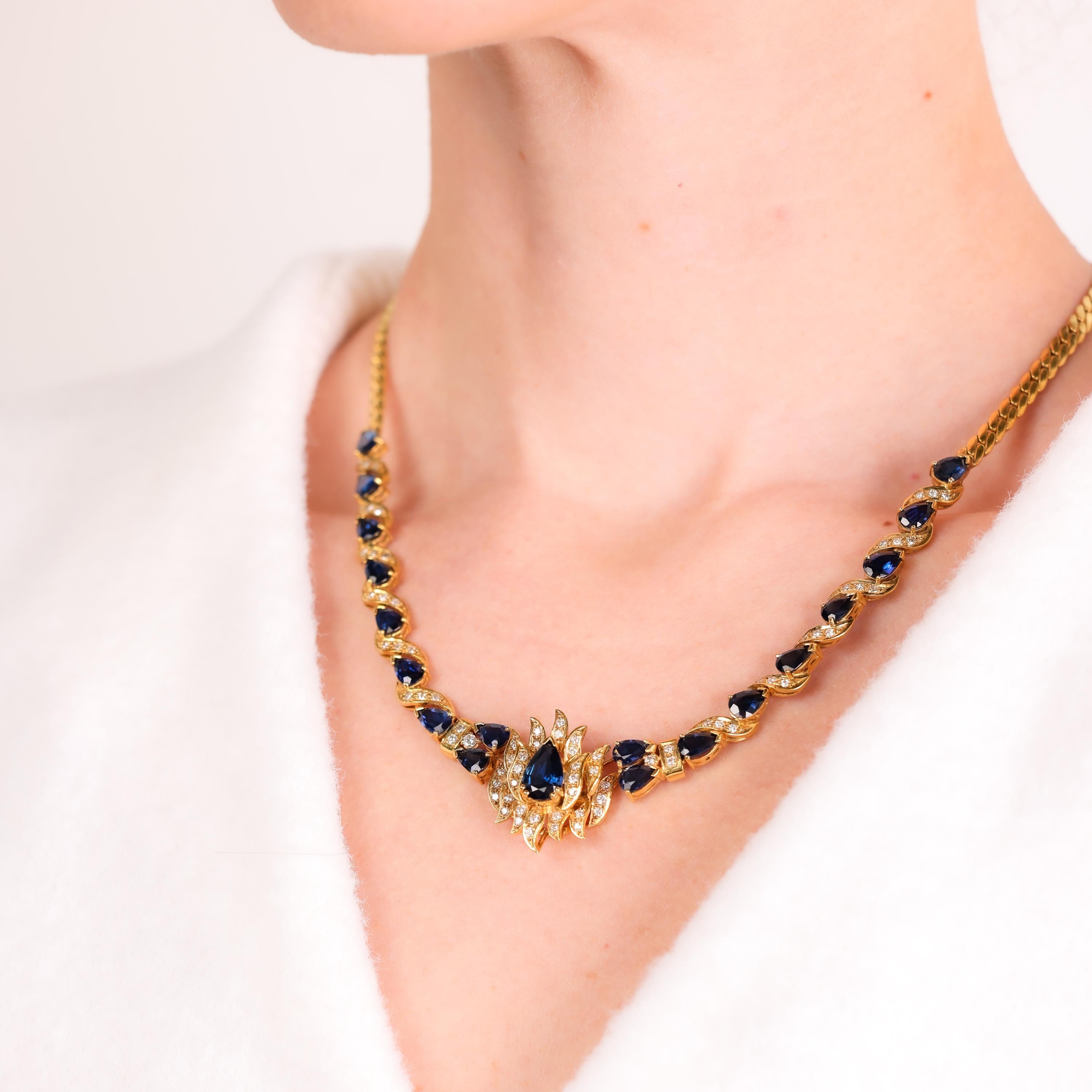 Pear Cut Vintage 13.30 total weight sapphire diamond 10k yellow gold cocktail necklace For Sale