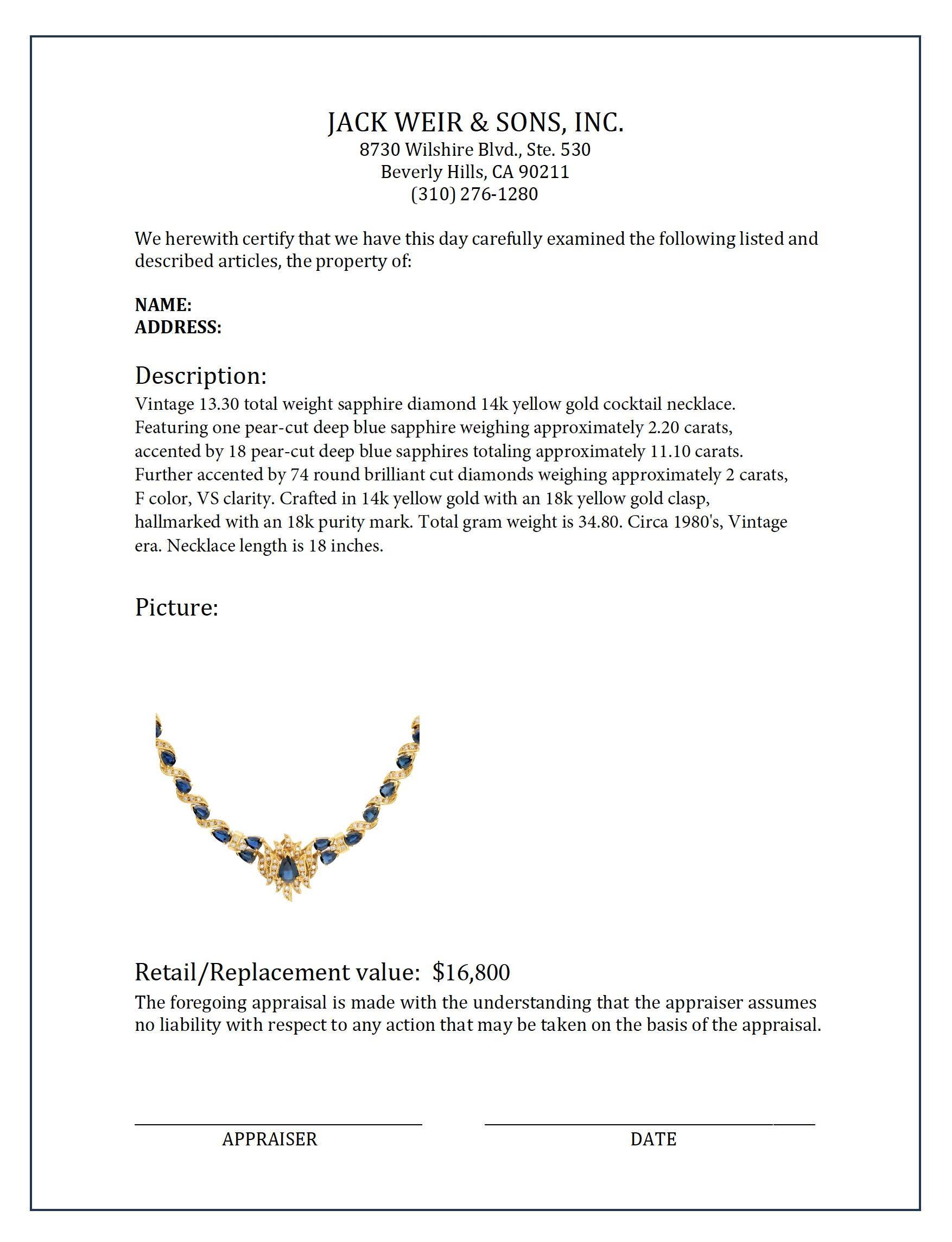 Women's or Men's Vintage 13.30 total weight sapphire diamond 10k yellow gold cocktail necklace For Sale