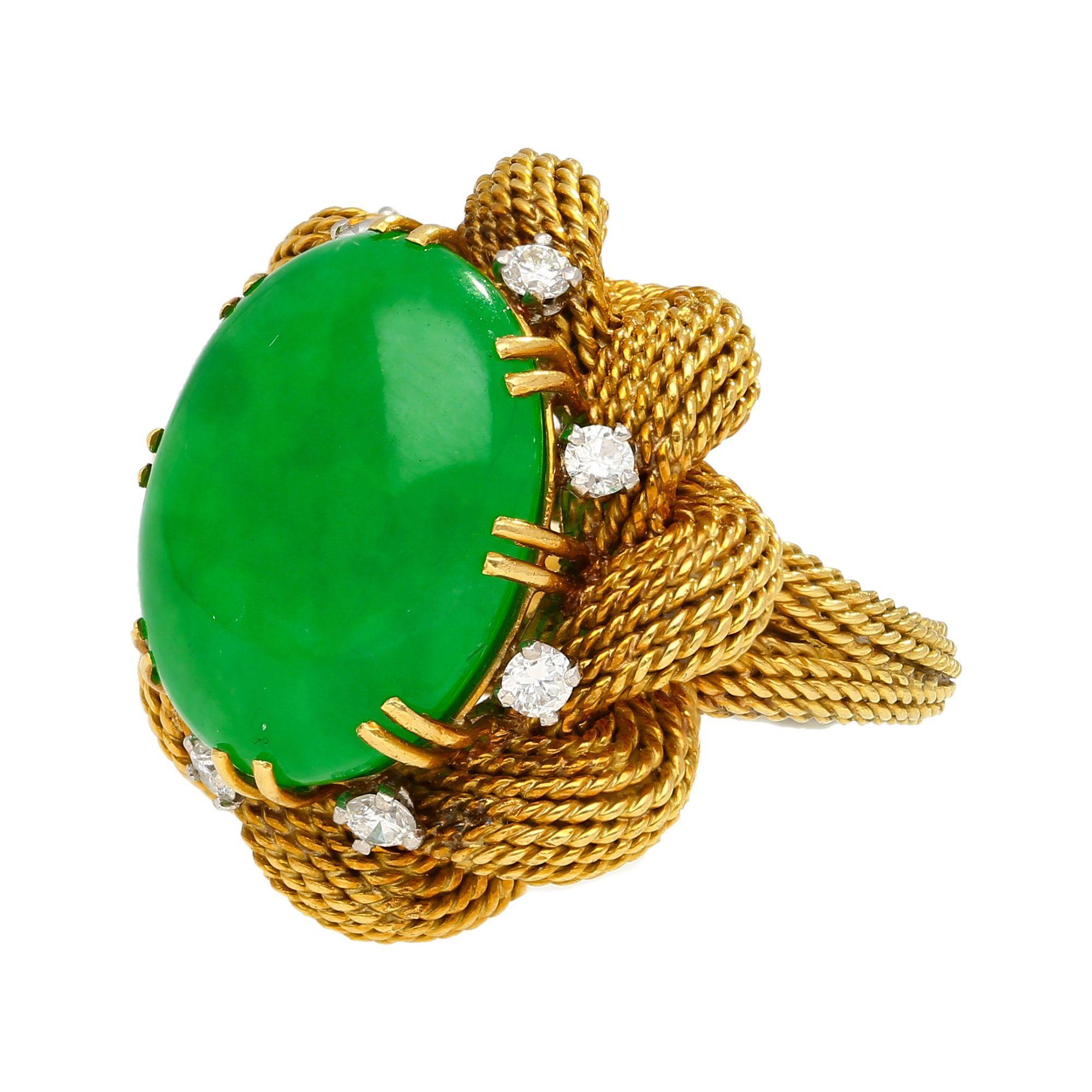 Anello floreale d'epoca con filo d'oro e giada di giada di tipo A da 13,32 carati dalla Francia In condizioni buone in vendita a Miami, FL