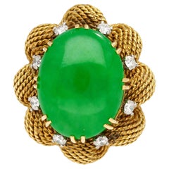 Vintage 13.32 Carat Type A Jadeite Jade Gold Wire Floral Ring From France
