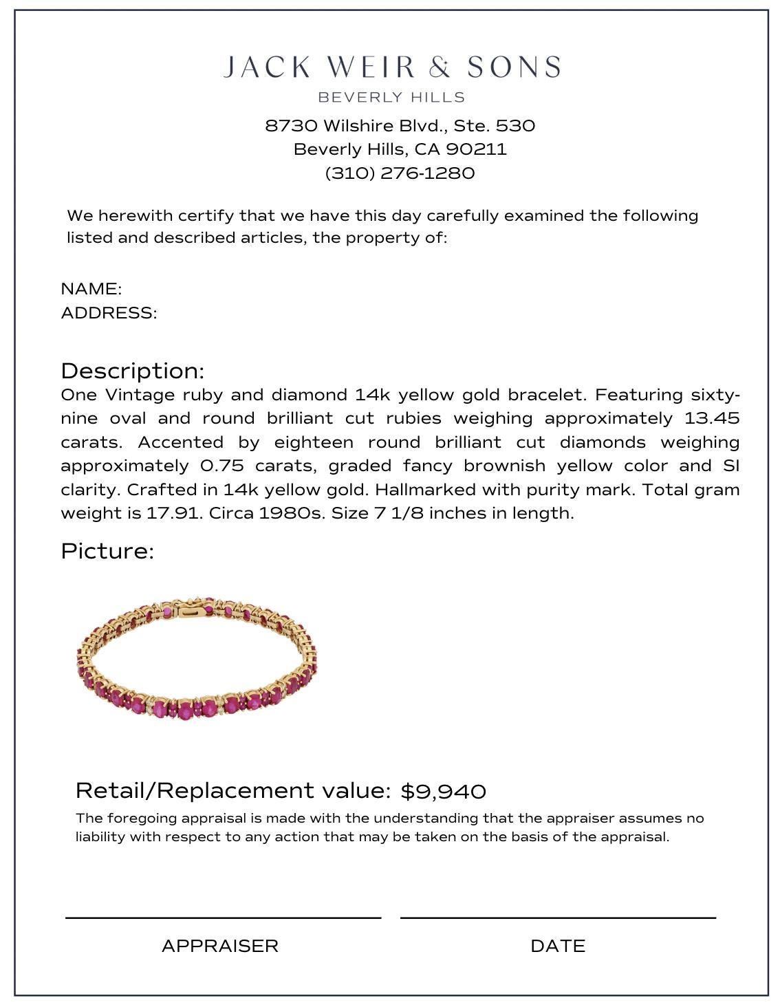 Vintage 13.45 carat total weight ruby diamond 14k yellow gold tennis bracelet Damen im Angebot